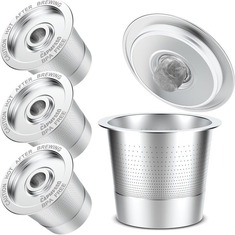 CAPMESSO Reusable Coffee Pods for Keurig 1.0: 4 Stainless Steel Refillable K-Cups with 12 Gaskets - Universal Compatibility, Eco-Friendly, Silver - Image 1